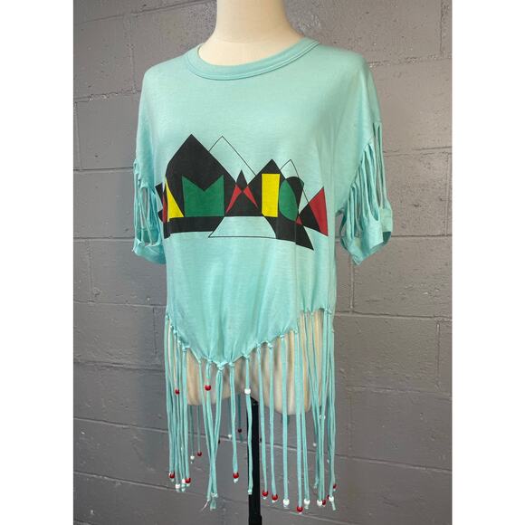Vtg 80s Asymmetric Beaded Fringe Razor Cut Single Stitch Tee amaica Souvenir - Picture 1 of 10